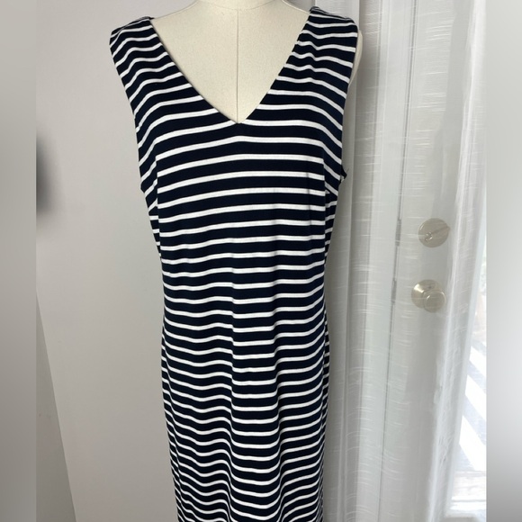 NWT Banana Republic Navy Stripe Ponte Flounce Midi Sleeveless Dress Size 14 - Picture 5 of 12